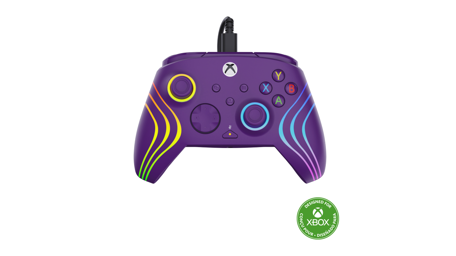 Purple wired Xbox controller with rainbow wave accents, illuminated thumbsticks, and colourful ABXY buttons
