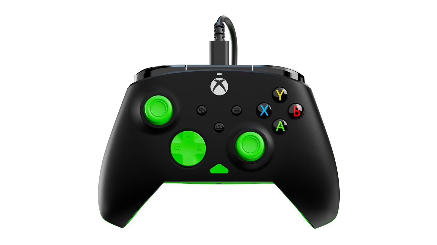 A black wired Xbox controller featuring vibrant green thumbsticks, D-pad, and accents