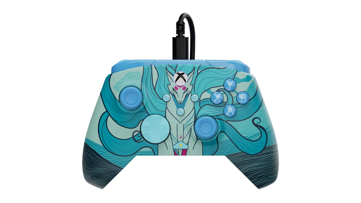 Wired Xbox controller with a teal and blue Rematch Advanced design featuring an artistic nine-tailed