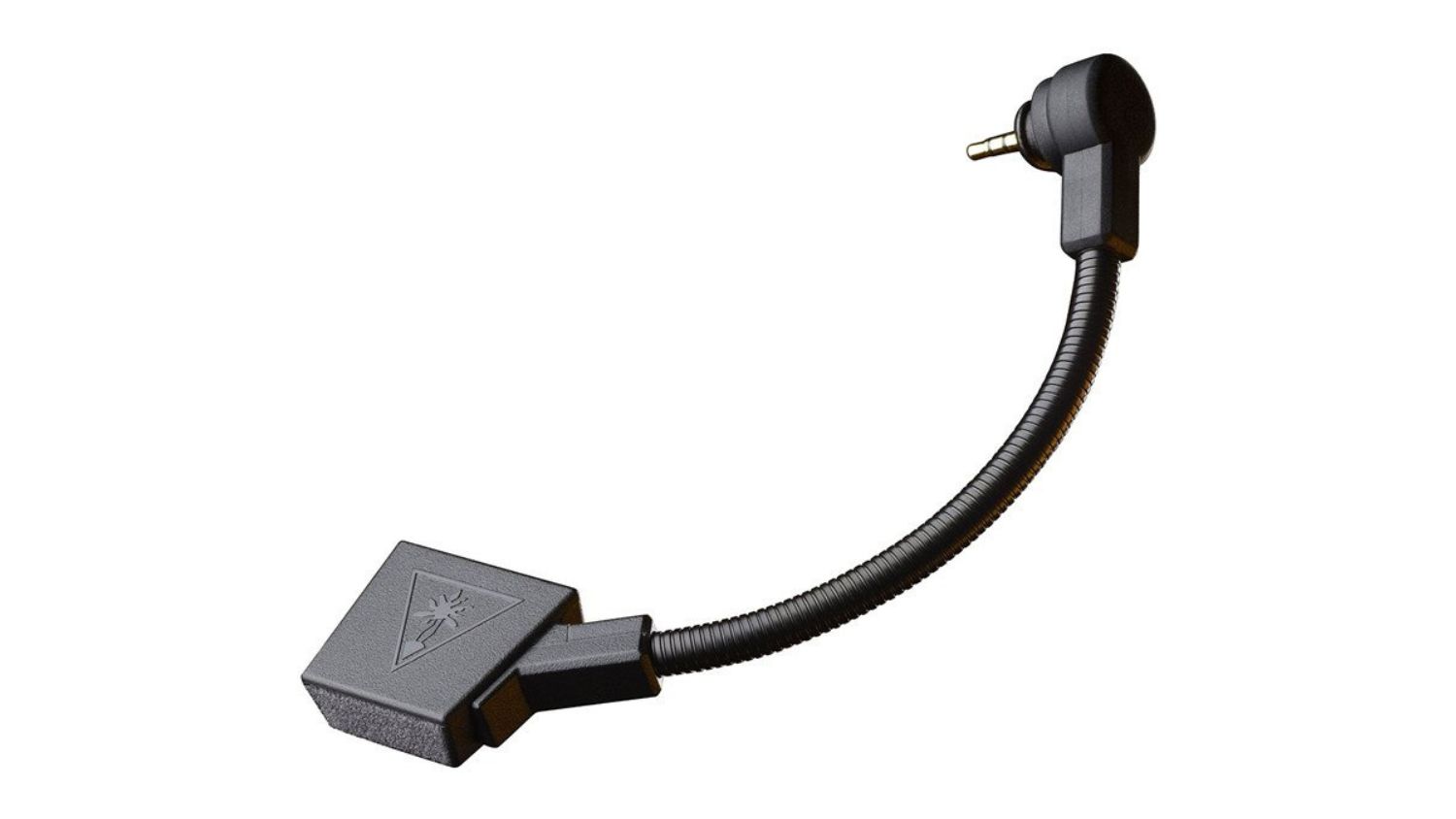 Flexible black detachable boom microphone with a 3.5mm jack and a square foam windscreen bearing a Turtle Beach logo