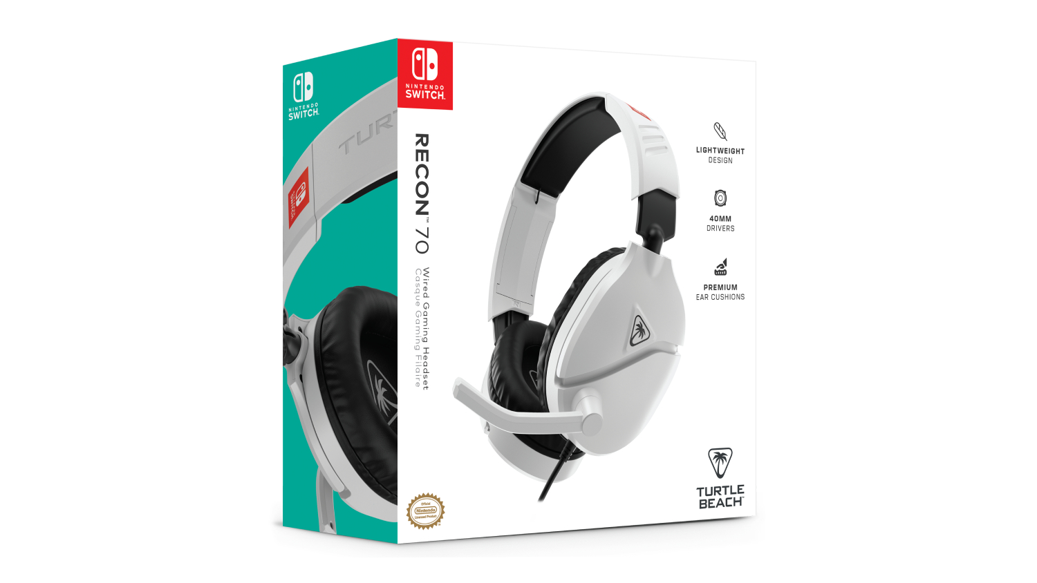 Turtle Beach Recon 70 wired gaming headset for Nintendo Switch, white with black ear cushions, shown with retail box