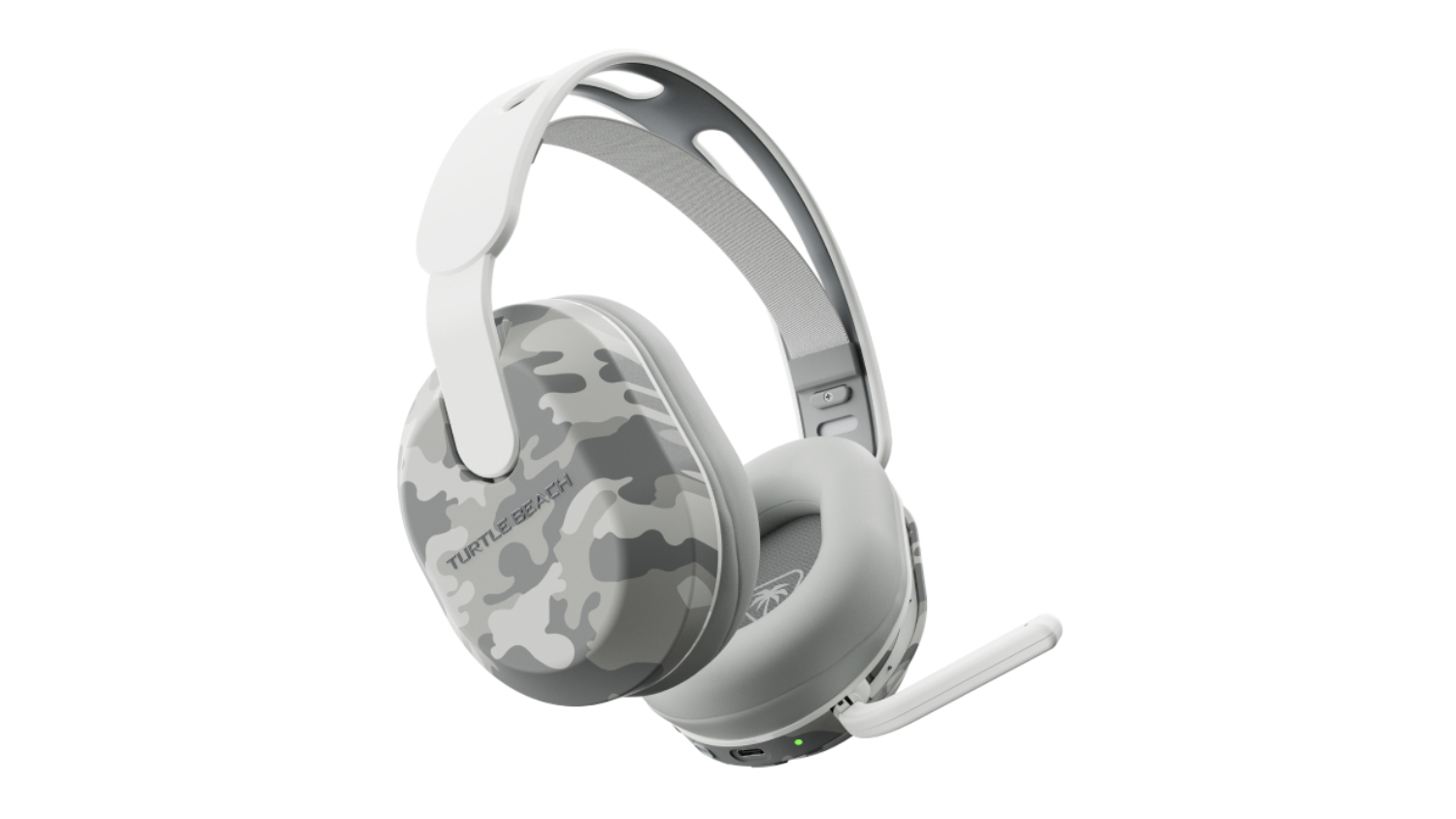 White and grey camouflage Turtle Beach Stealth 500P wireless gaming headset with a boom microphone