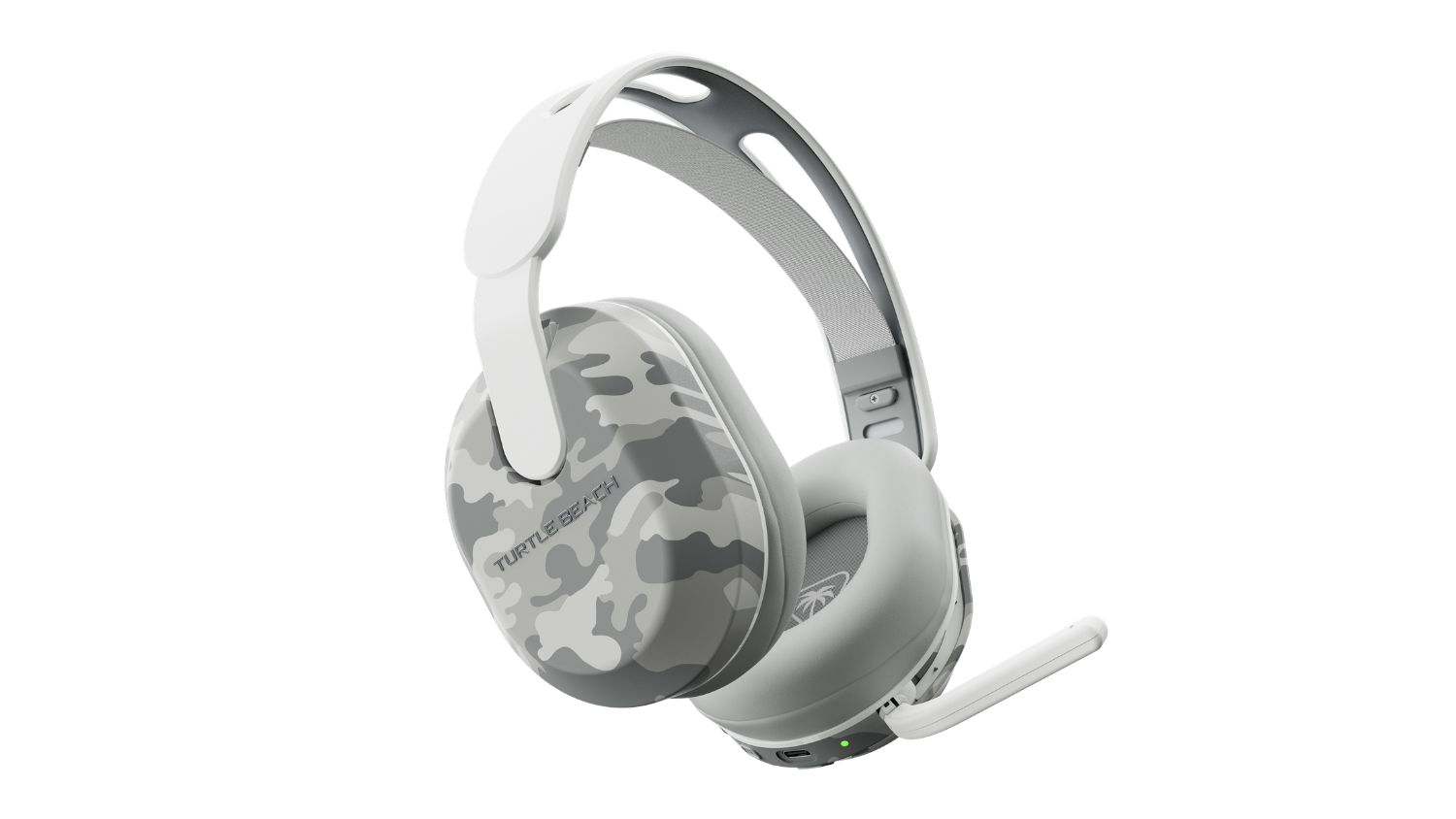Turtle Beach white and grey camo wireless gaming headset with an attached microphone