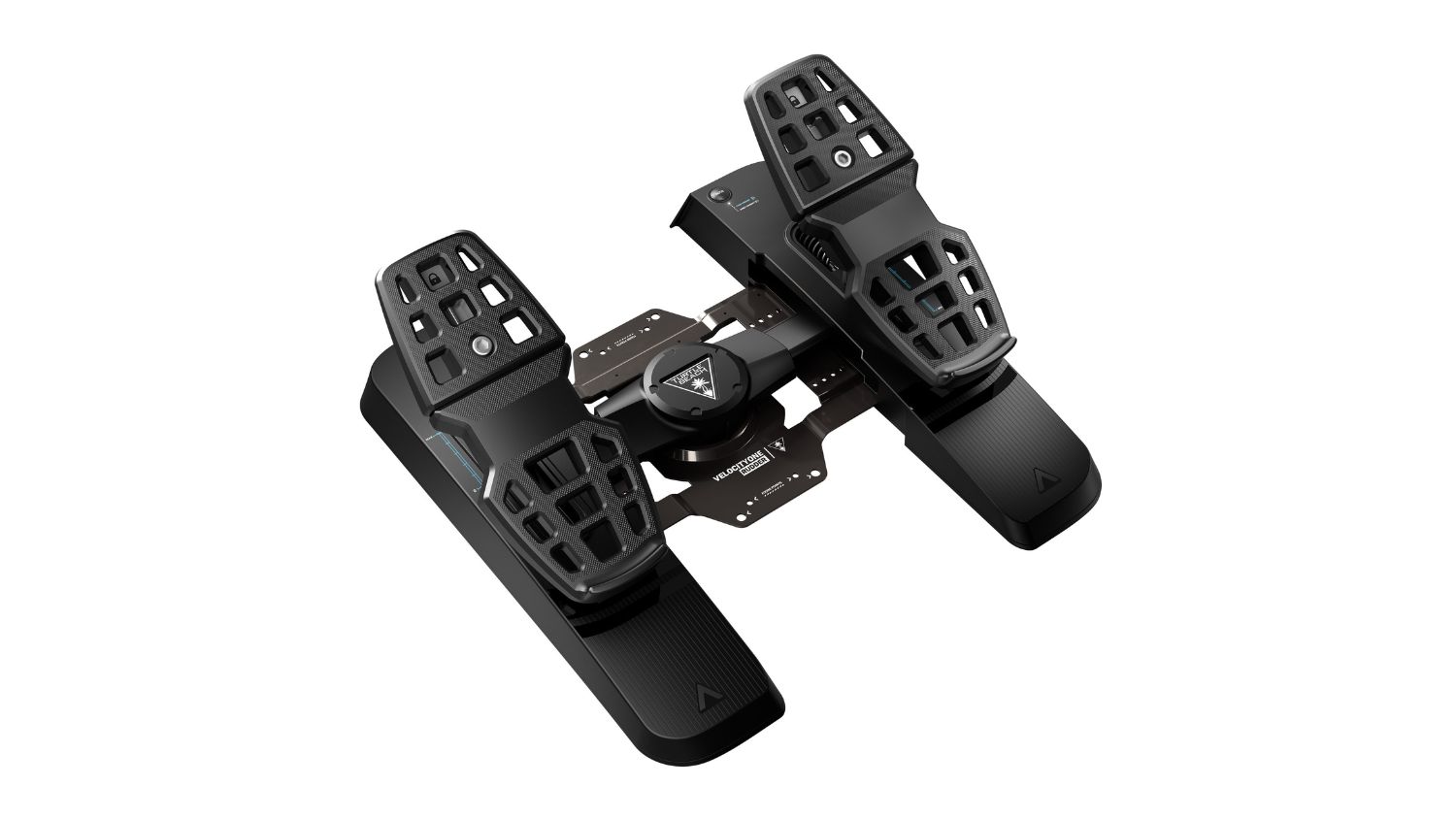 Black Turtle Beach VelocityOne Rudder flight simulator pedals with adjustable footrests on a sturdy central frame