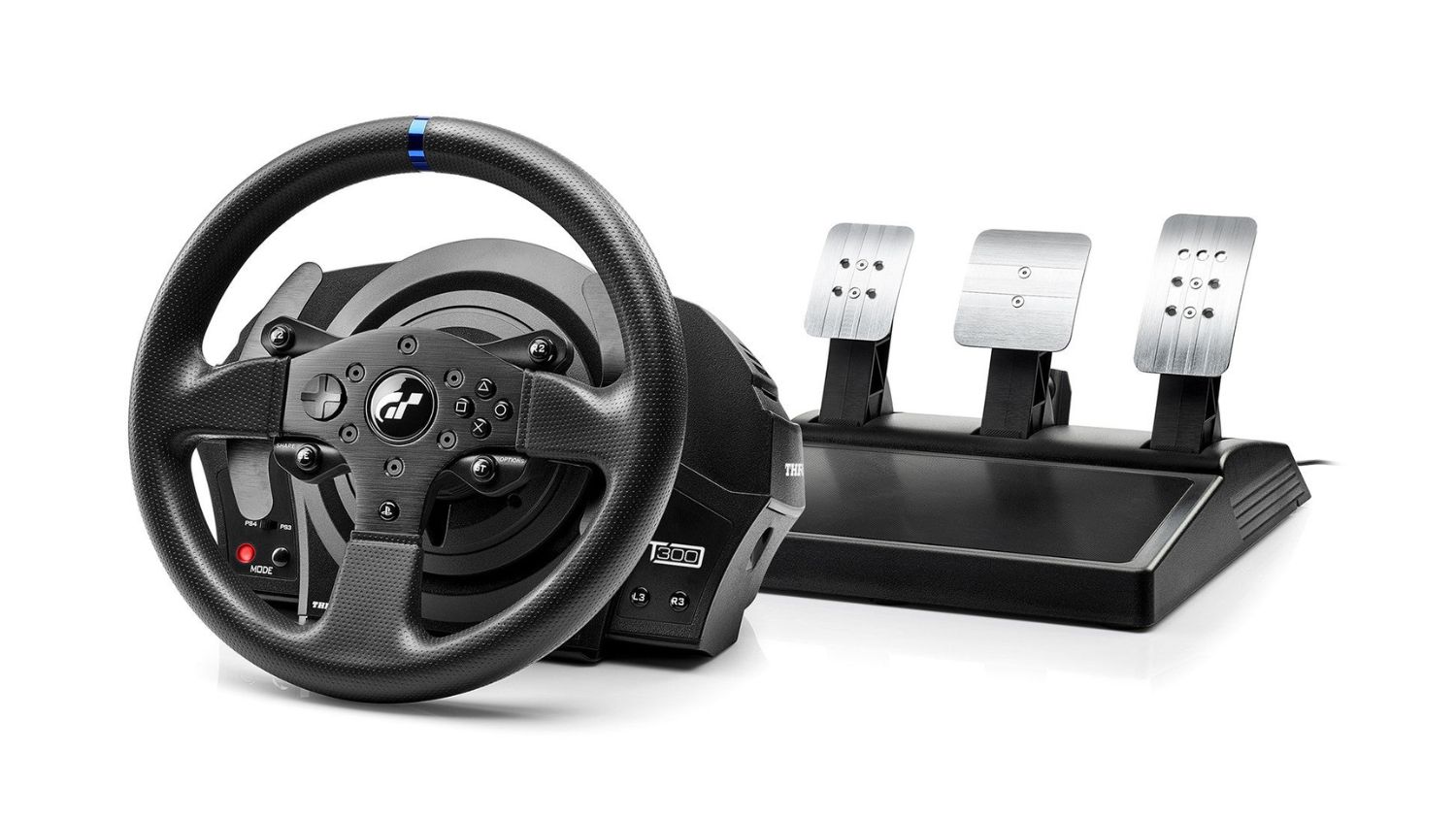 Thrustmaster T300 RS GT Edition racing wheel with a textured Gran Turismo logo rim and a three-pedal floor set
