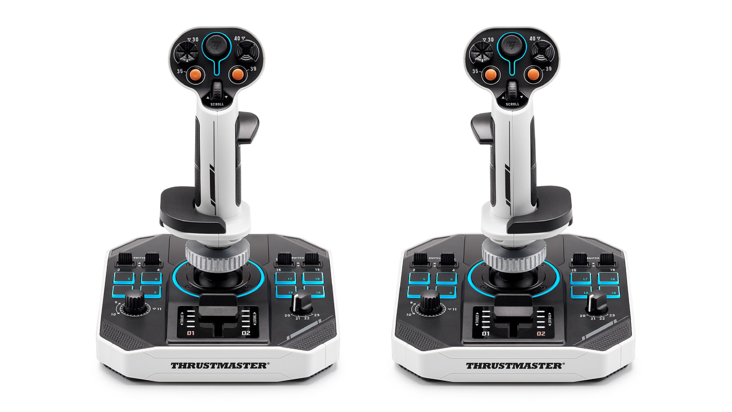 Two Thrustmaster SOL-R 2 HOSAS Space Sim Duo controllers with illuminated buttons and control bases, displayed side by side