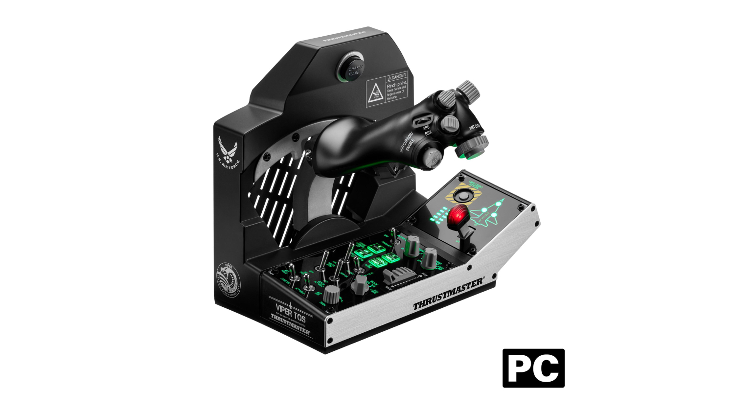 Front angled view of the Thrustmaster Flight TQS Mission Pack Viper featuring a fighter jet-style throttle grip