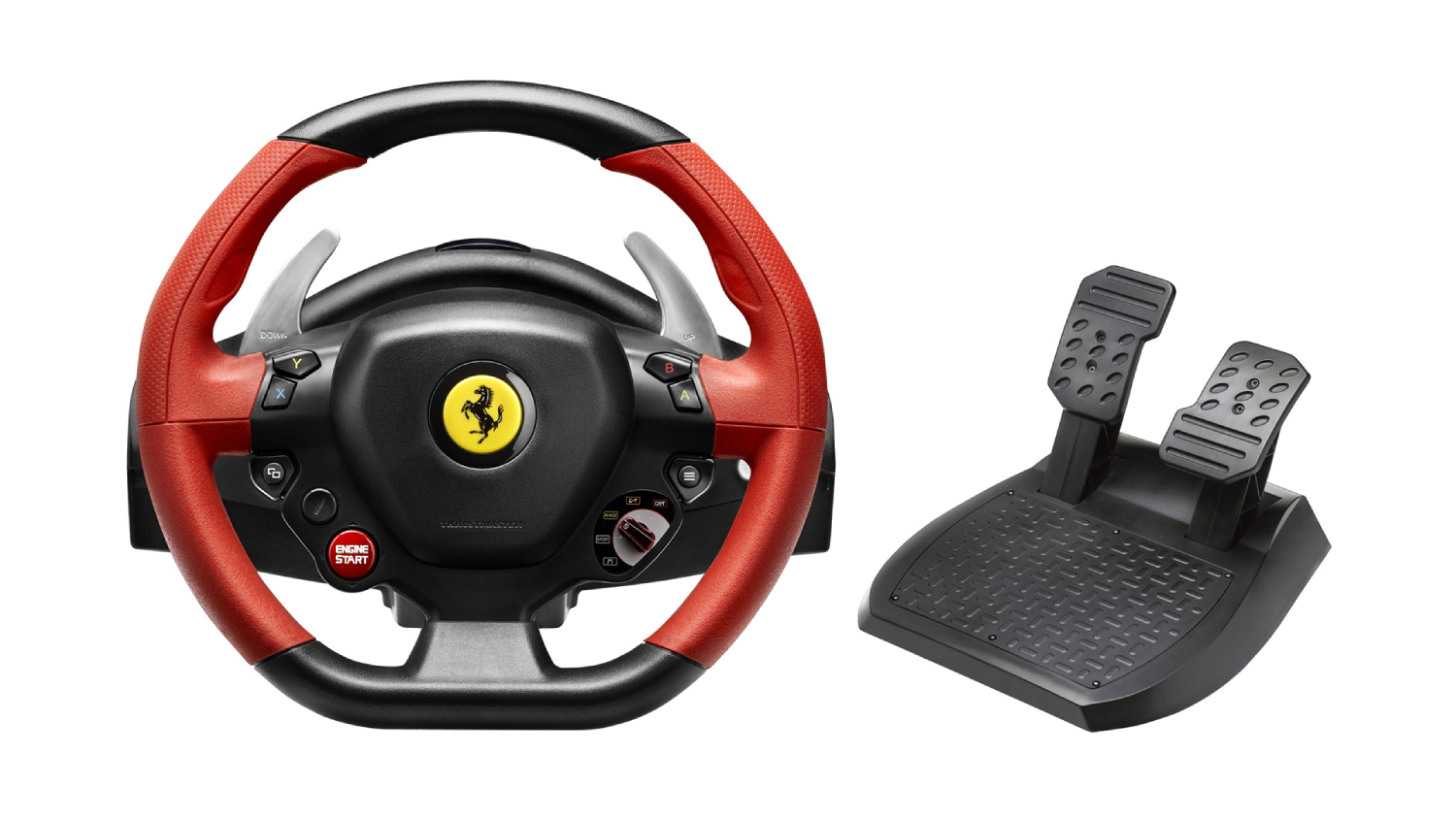 Front view of the Thrustmaster Simulation Racing Wheel Ferrari 458 with matching two-pedal set