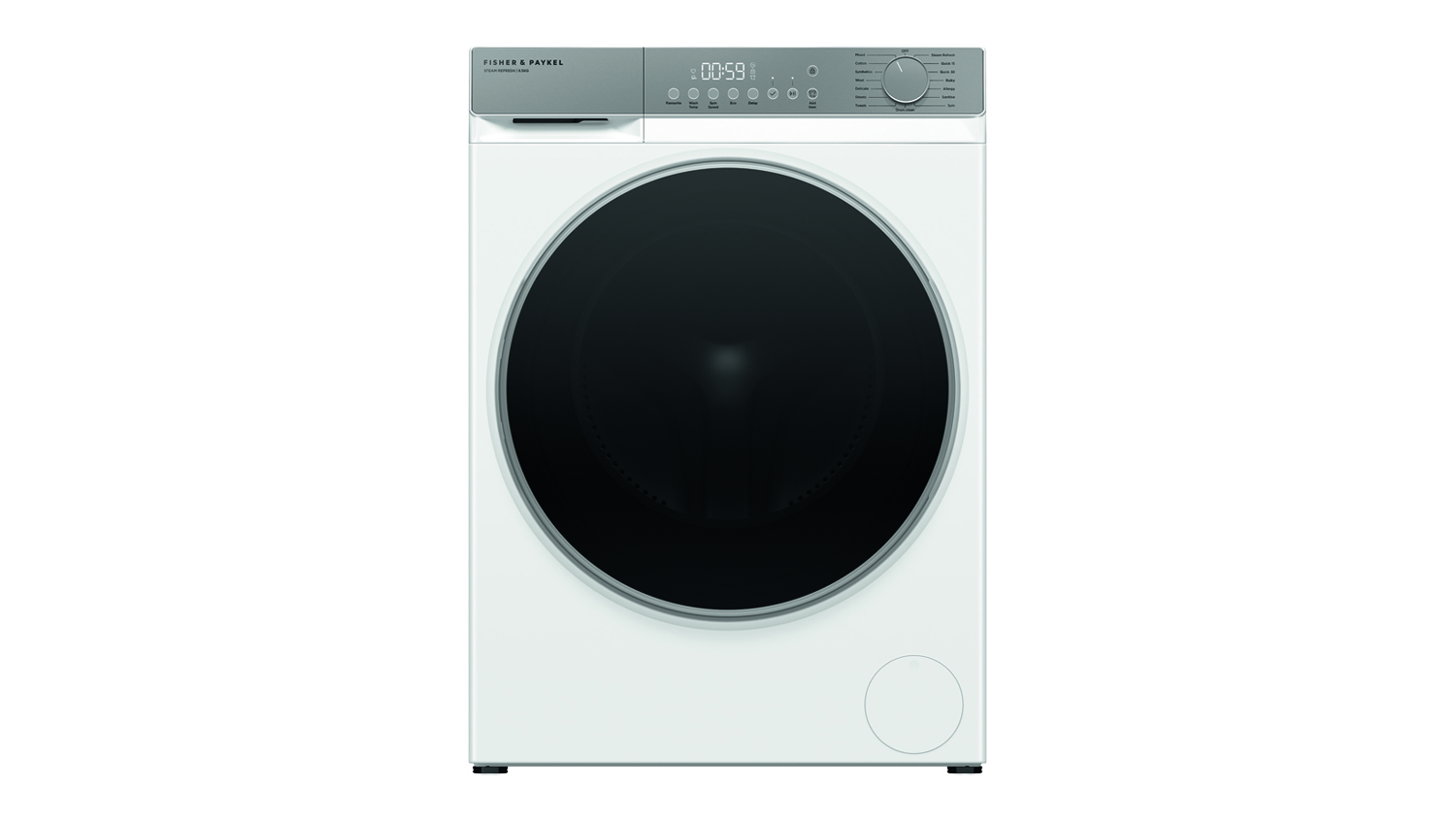 Front-facing view of a white Fisher & Paykel front-load washing machine with a dark circular door