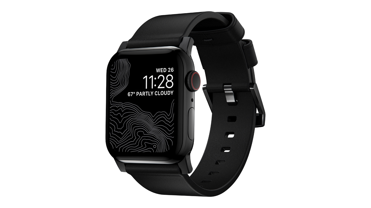 A left angled view of the Nomad Modern Band for Apple Watches in black finish