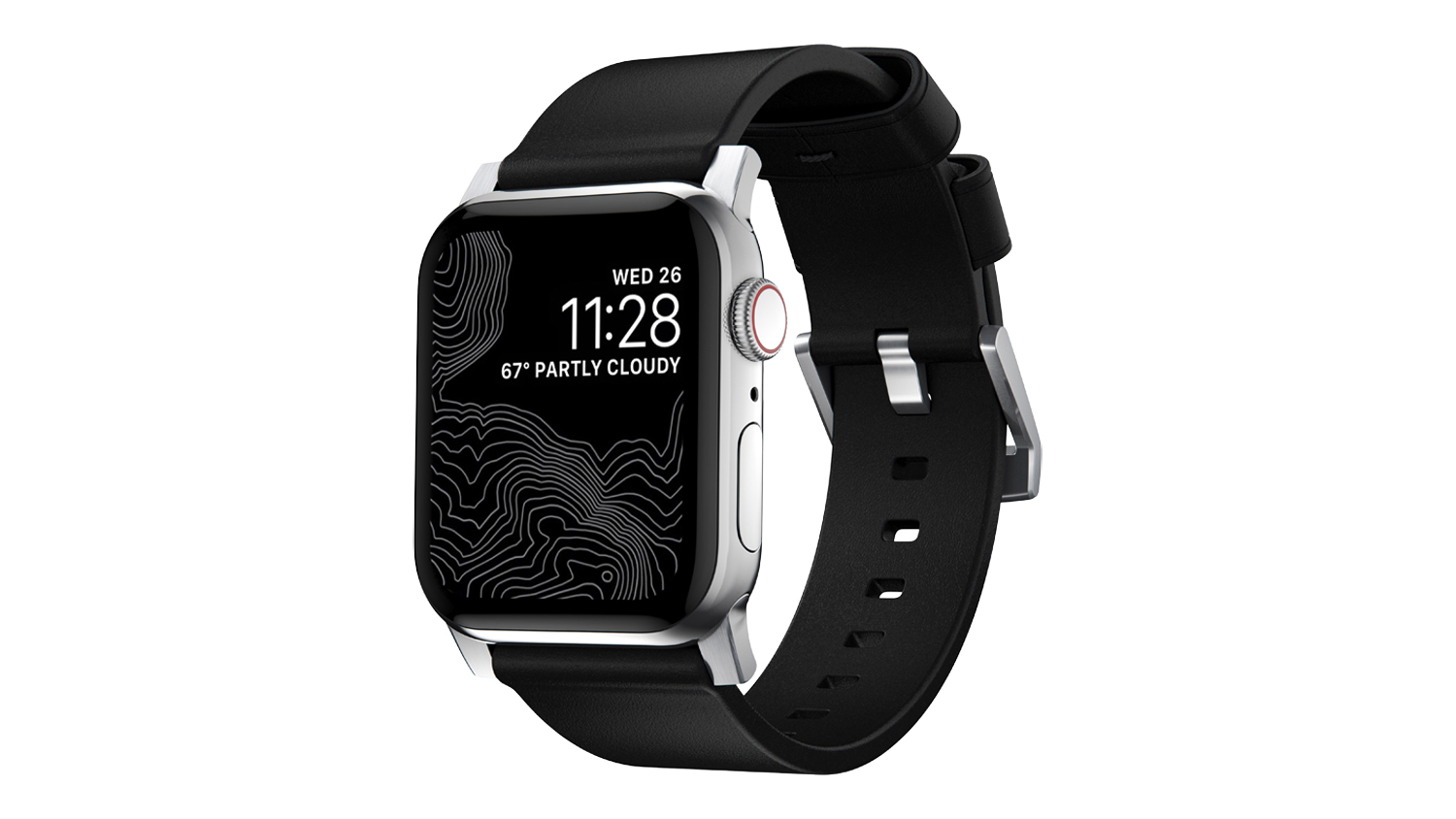 A left angled view of the Nomad Modern Band for Apple Watches in black finish