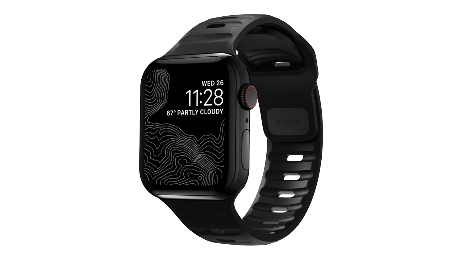 Black Nomad sport watch band for Apple Watch with a perforated design, displaying time, date, and weather on a dark patterned watch face