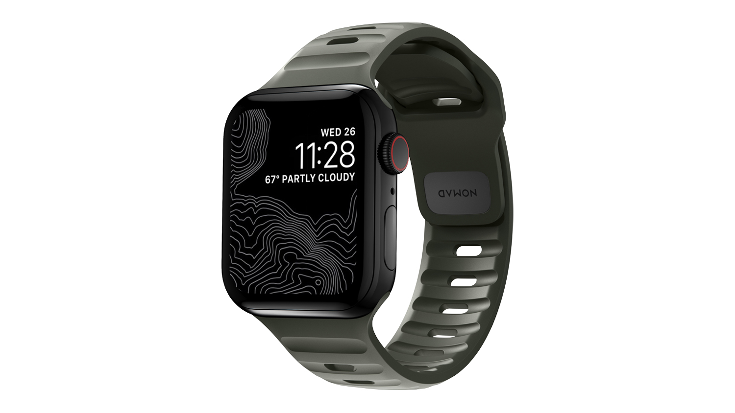 Front view of a black Nomad Sport Band for Apple Watch with an ash green perforated sport band and weather display on screen