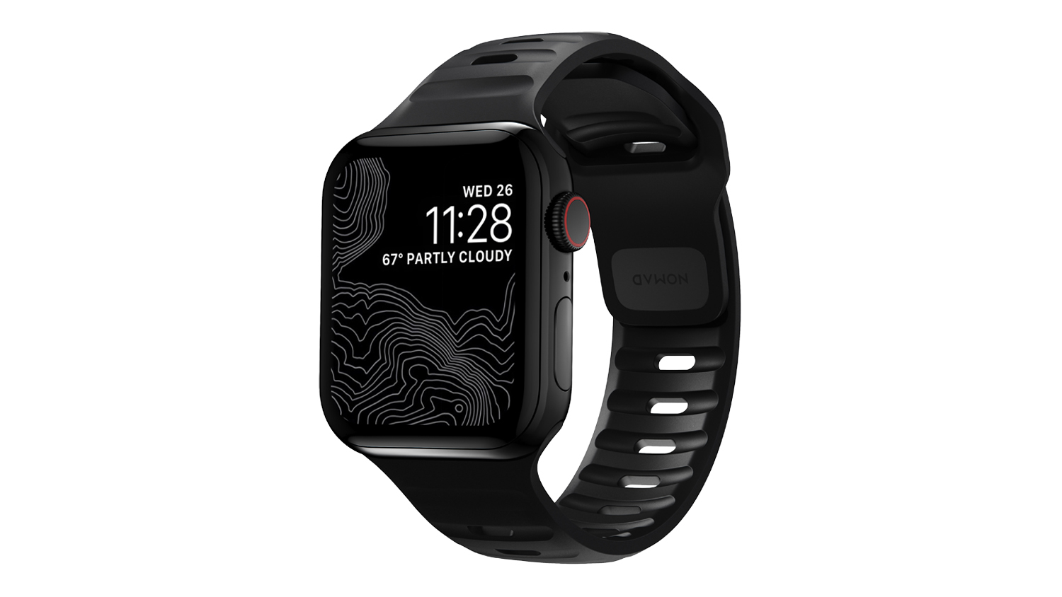Angled front view of a black Apple Watch with a Nomad Sport Band, displaying the time, date, and weather on the screen