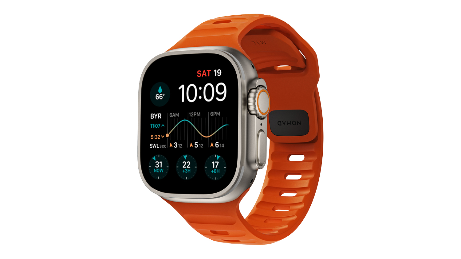 Front-angle view of an orange Nomad Sport Band on a titanium Apple Watch, displaying weather and tide-tracking data