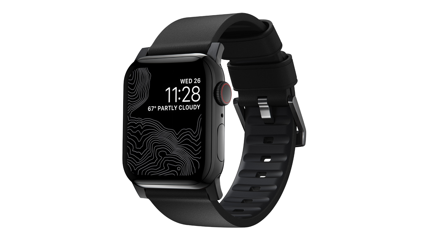 Nomad Active Band Pro with a brown strap, featuring a dark digital display with topographic design