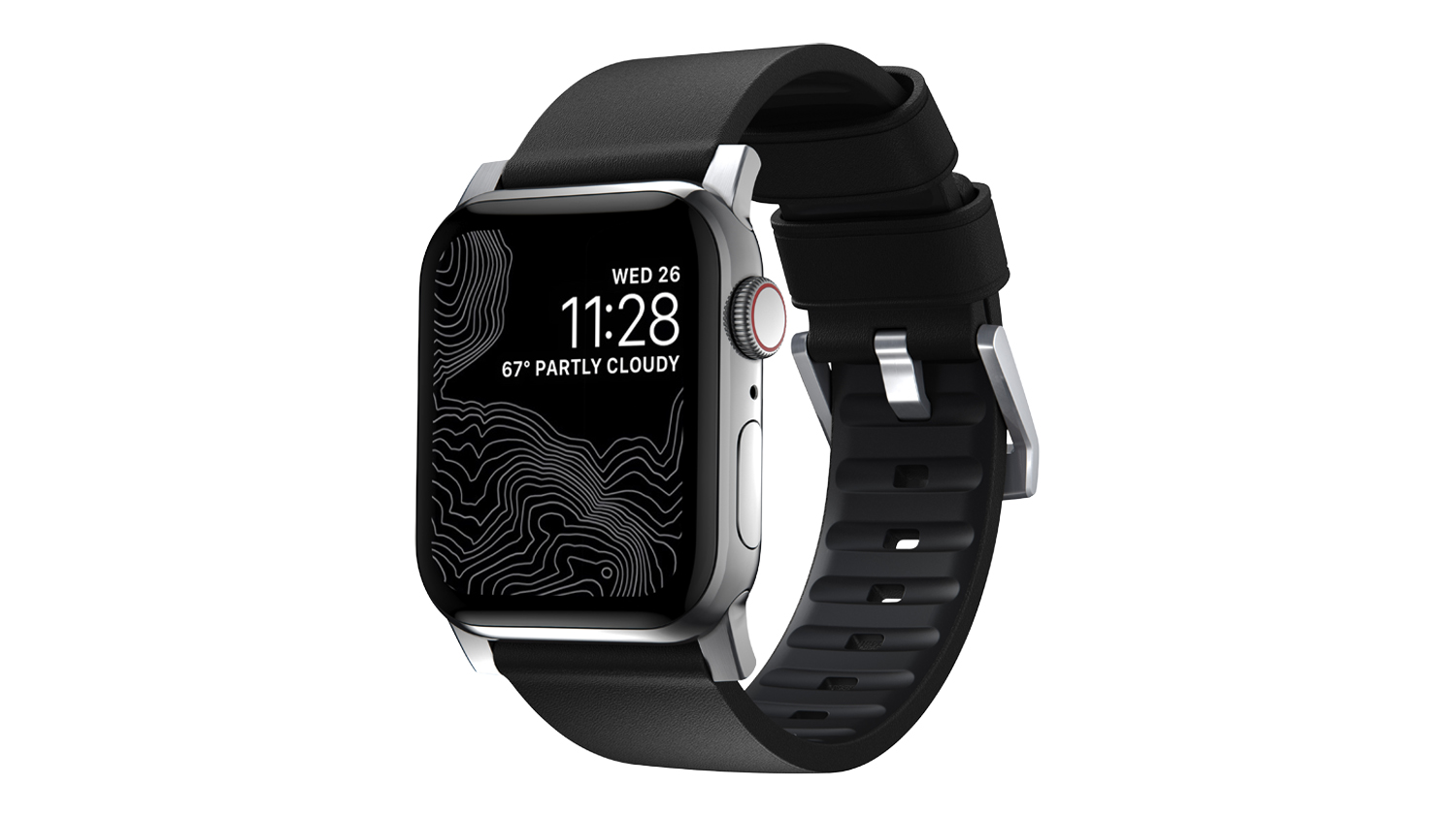 Nomad Active Band Pro with a black strap, featuring a dark digital display with topographic design