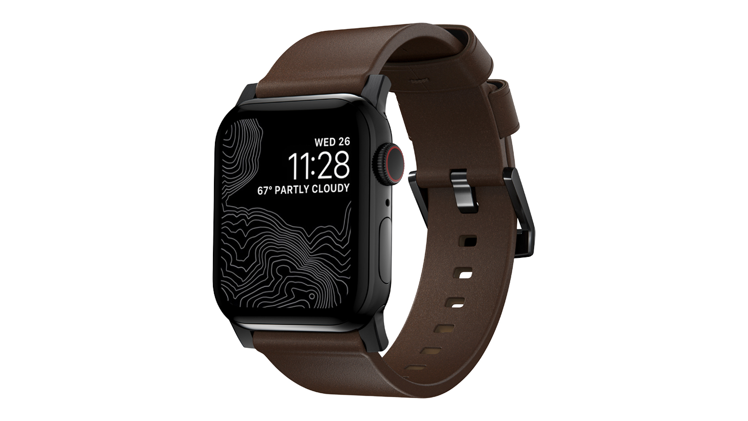 A left angled view of the Nomad Modern Band for Apple Watches in brown and black finish