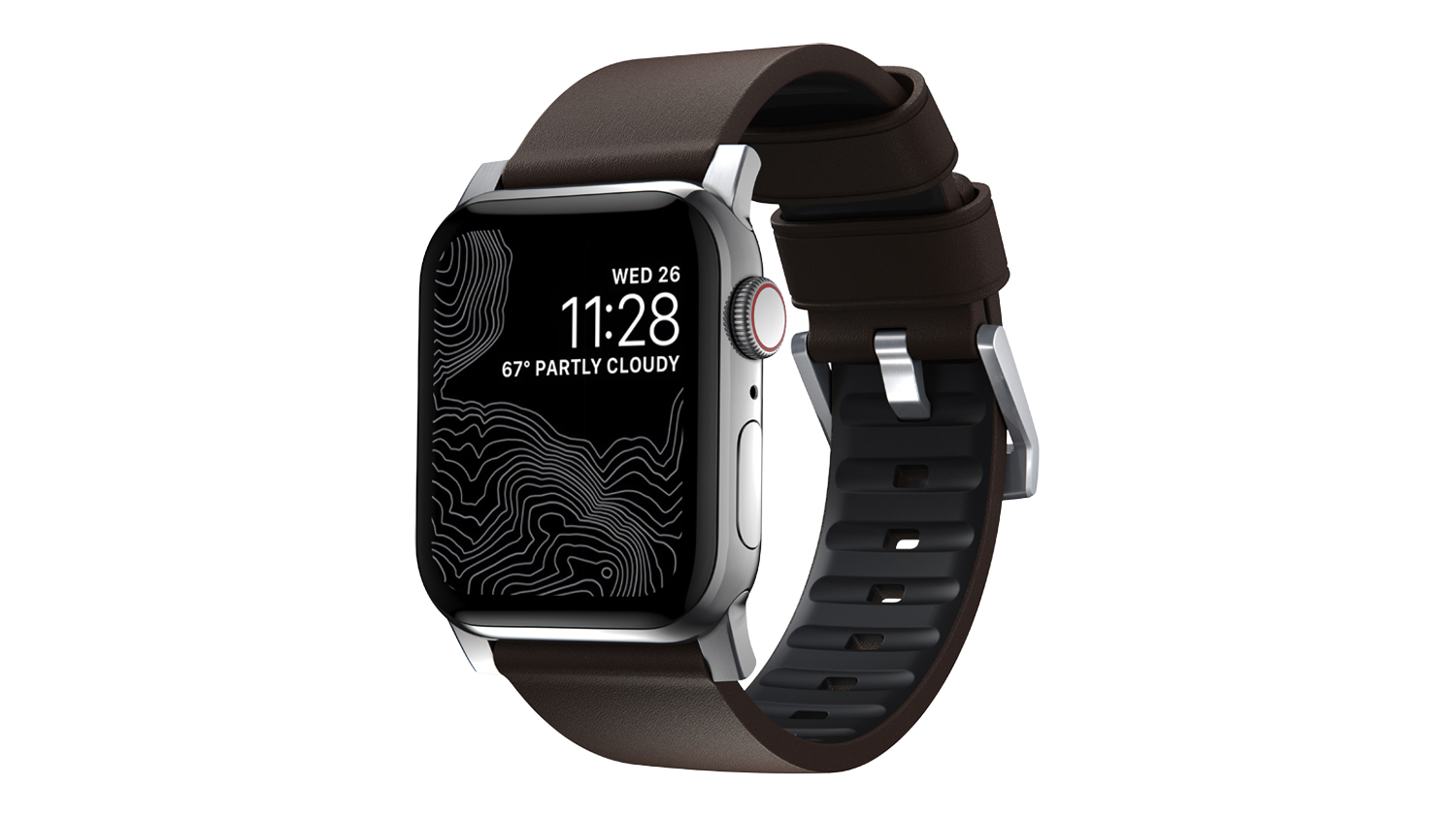 Nomad Active Band Pro with a brown strap, featuring a dark digital display with topographic design