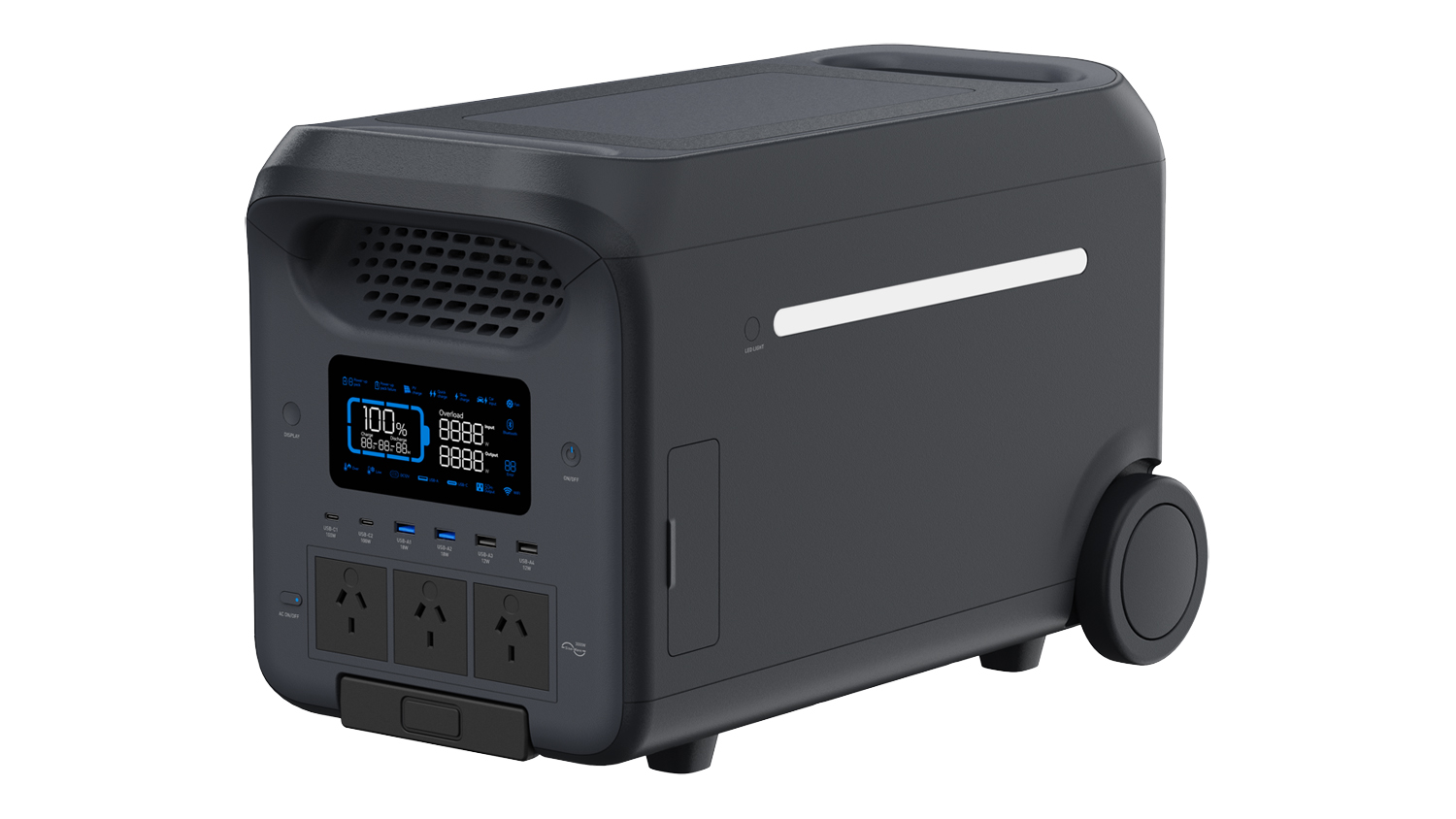 Front-angle view of the PowerGuard Portable Power Station PRO 3000W 2560Wh, featuring wheels, an LCD, AC outlets, and USB ports