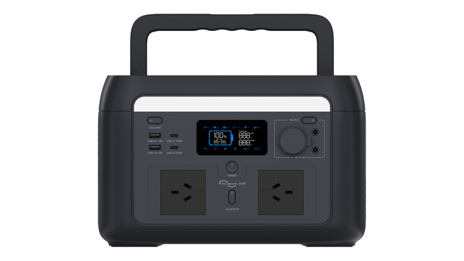 Front view of a PowerGuard portable power station with an LCD, USB ports, DC output, and dual AC outlets