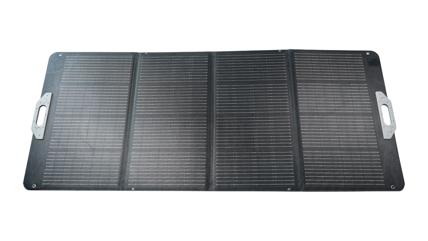 Powerguard foldable solar panel with four panels laid flat, featuring carrying handles on both sides