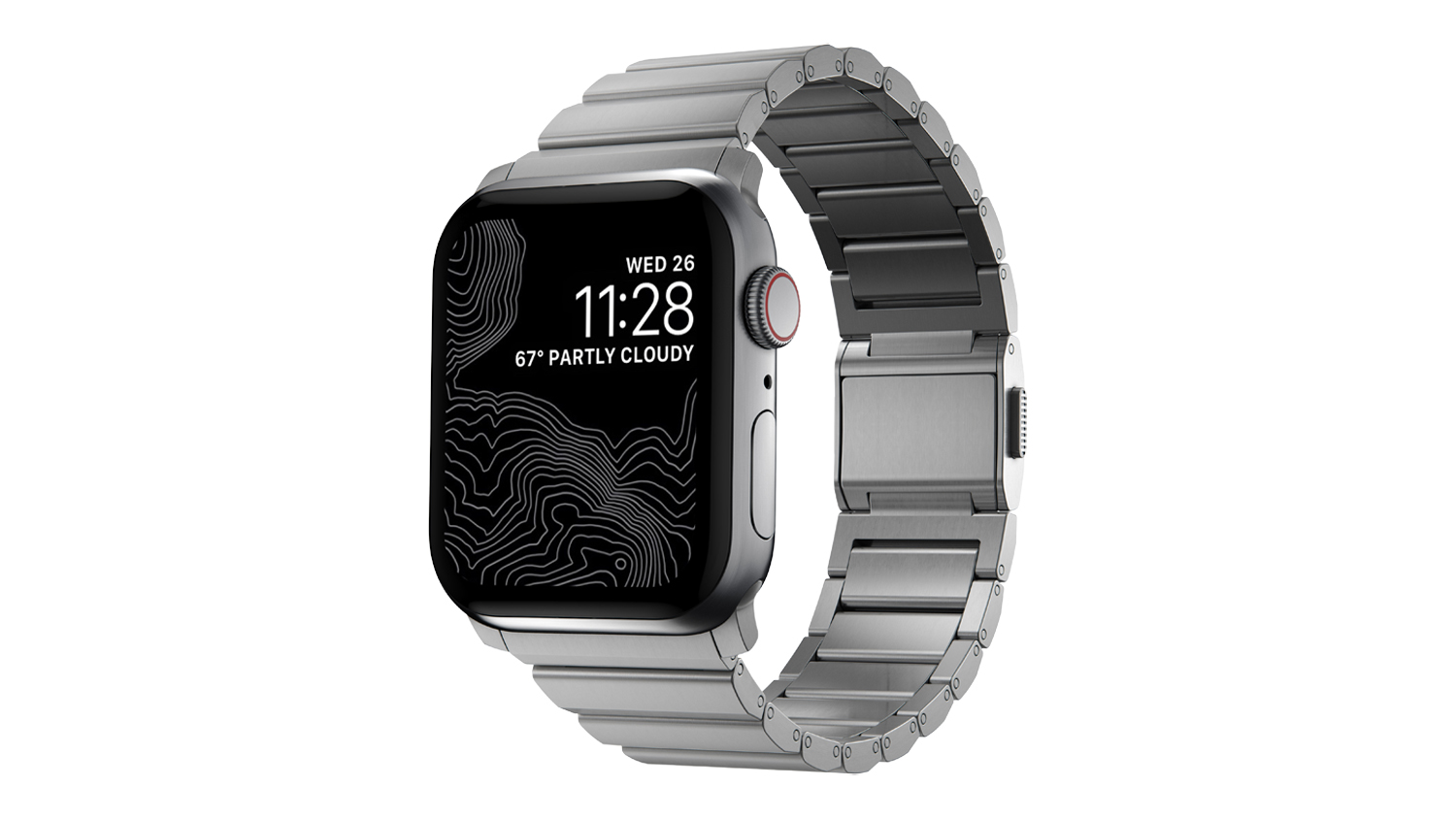 Front view of Nomad Titanium Watch Band for Apple Watch with silver metal link band displaying time and weather