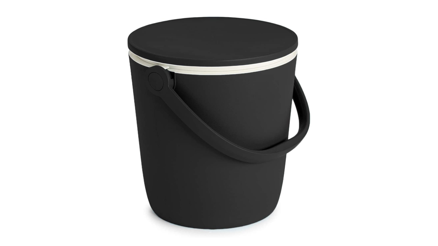Black portable Keter cooler with a closed lid and carry handle