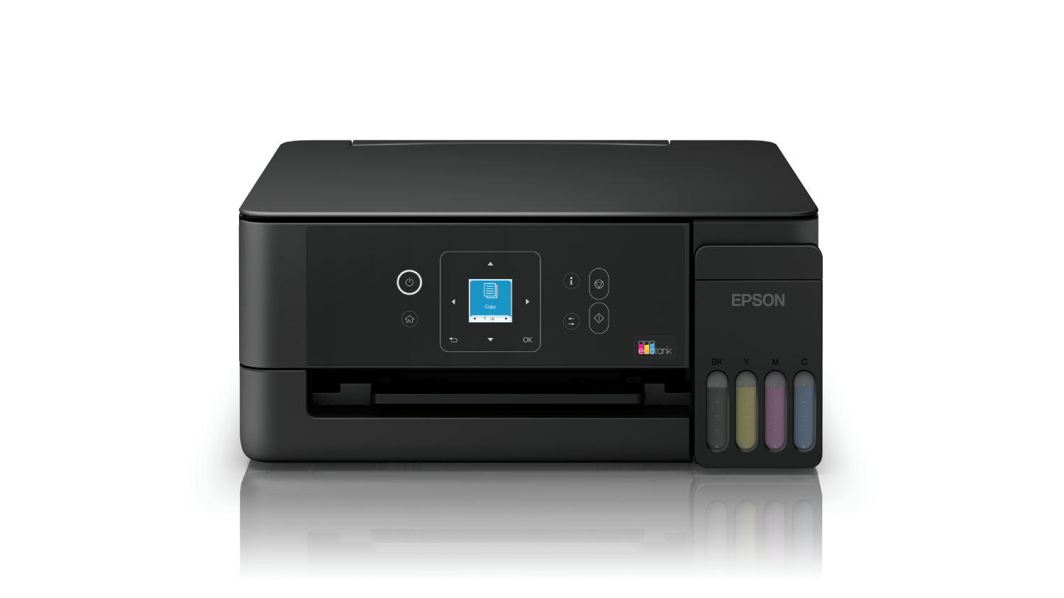 Front view of a black Epson EcoTank ET-2920 all-in-one printer with colour ink tanks and an LCD control panel