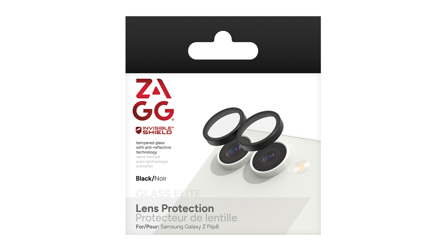 Retail box of the Zagg Glass Elite Camera Lens Protector Rings for Samsung Galaxy Z Flip8