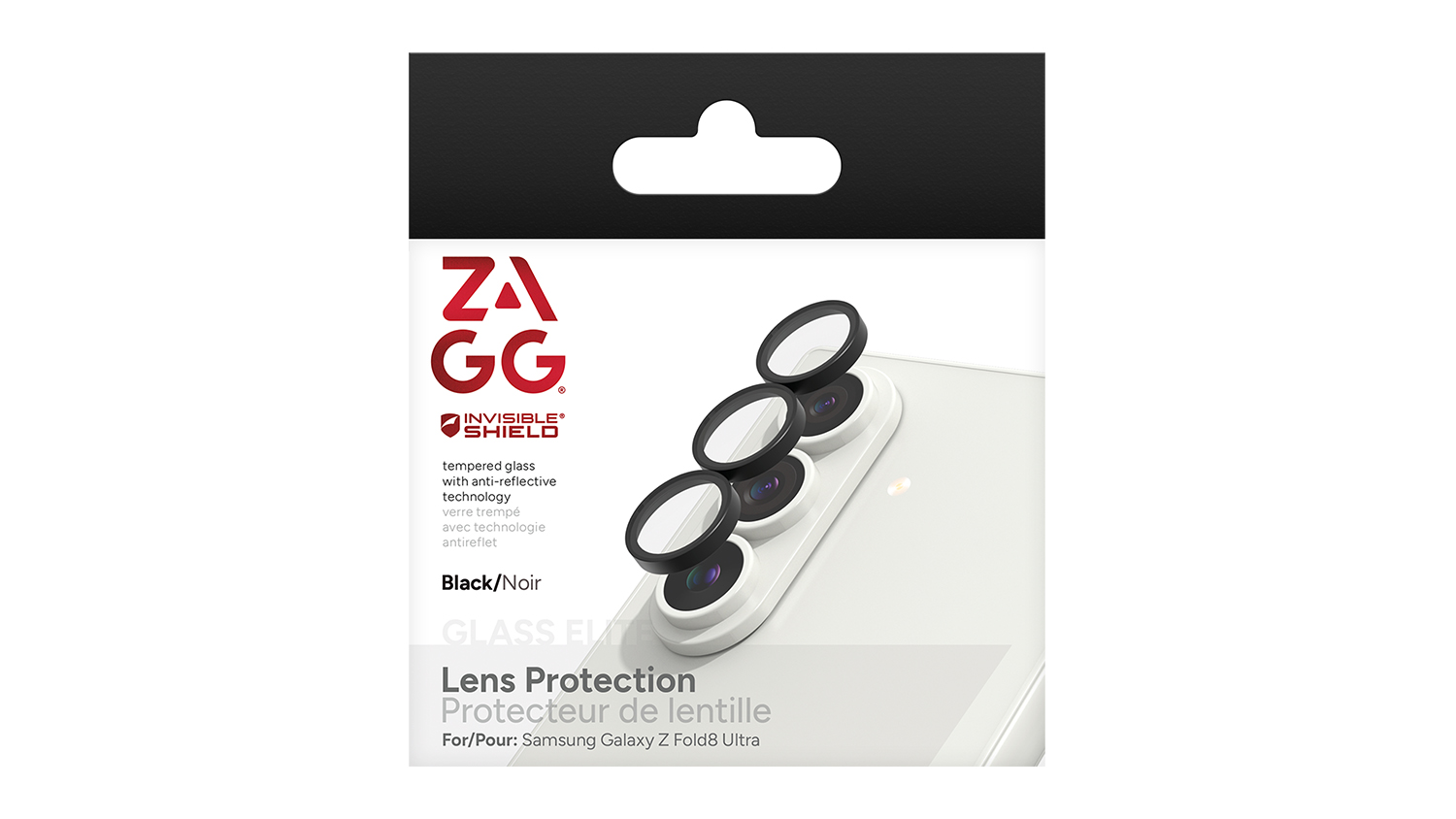 Retail box of the Zagg Glass Elite Camera Lens Protector Rings for Samsung Galaxy Z Fold8 Ultra