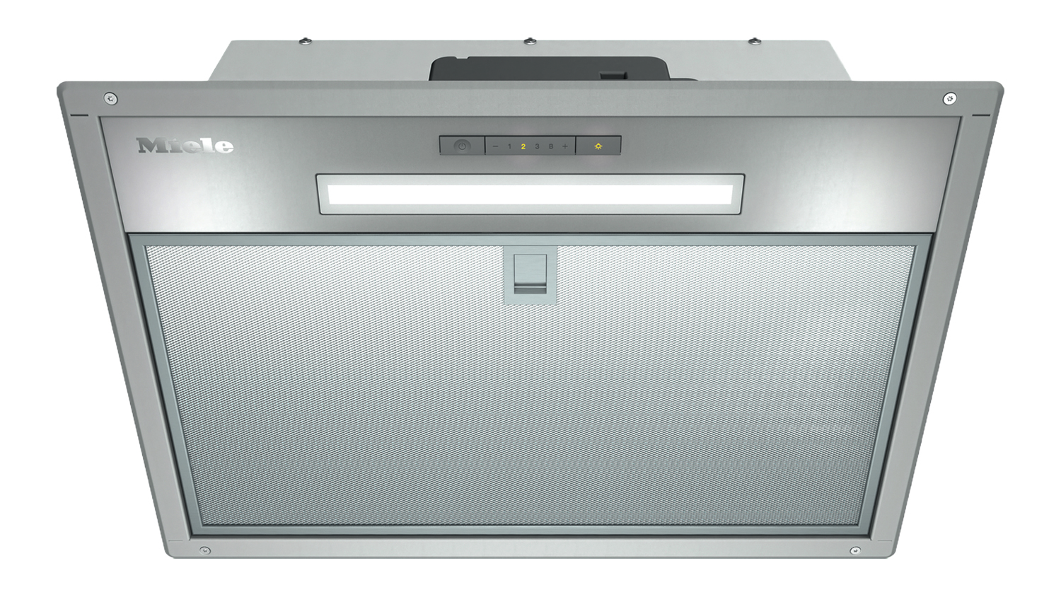 Miele 53cm Silent Undermount Rangehood with an onboard motor, stainless steel finish, LED lighting, and a mesh grease filter