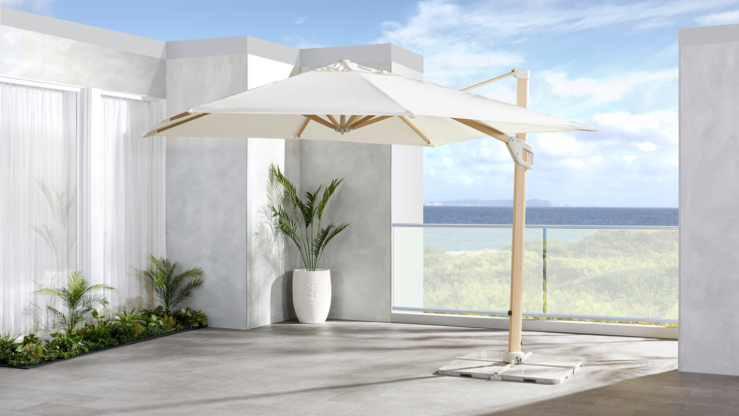 Australis 2 3.0m square cantilever outdoor umbrella with a natural-coloured olefin canopy and aluminium frame