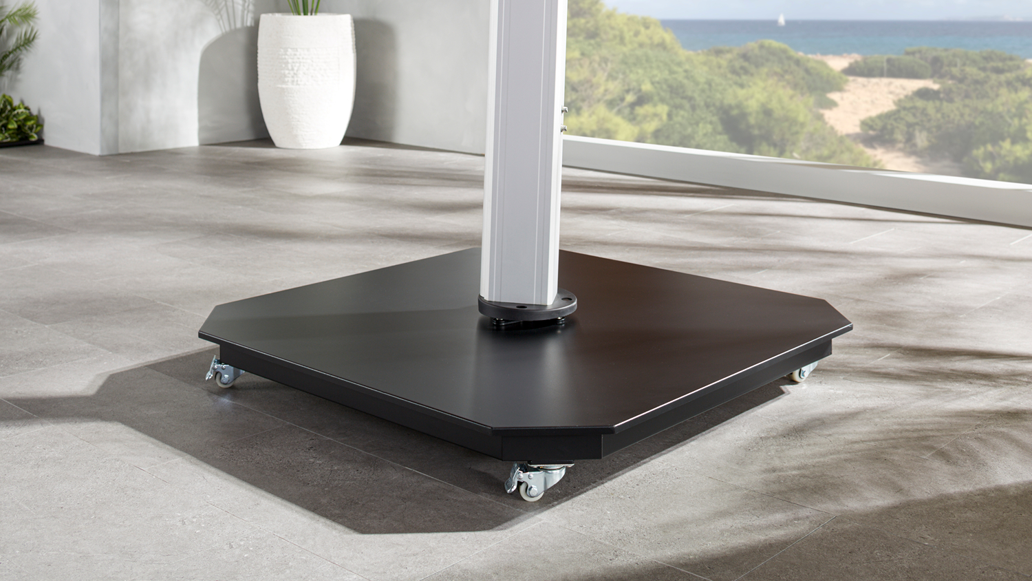 150kg square metal cantilever outdoor umbrella base, featuring castor wheels for easy movement