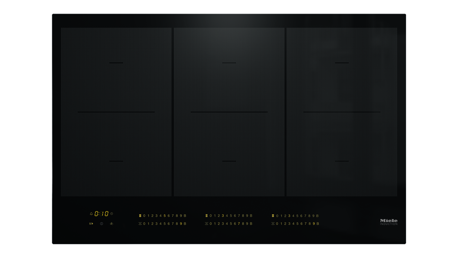 A dark black Miele 80cm Smart 6-Zone Induction Cooktop featuring digital numeric touch controls illuminated in yellow along the bottom edge