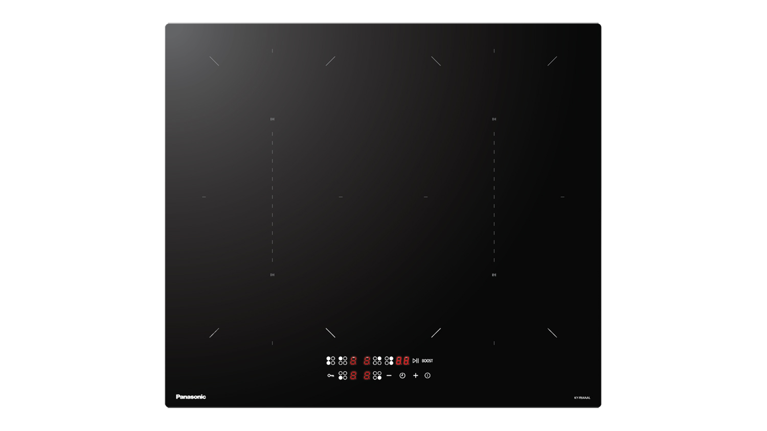 Black Panasonic 60cm 4-zone induction cooktop with four cooking zones and central touch controls