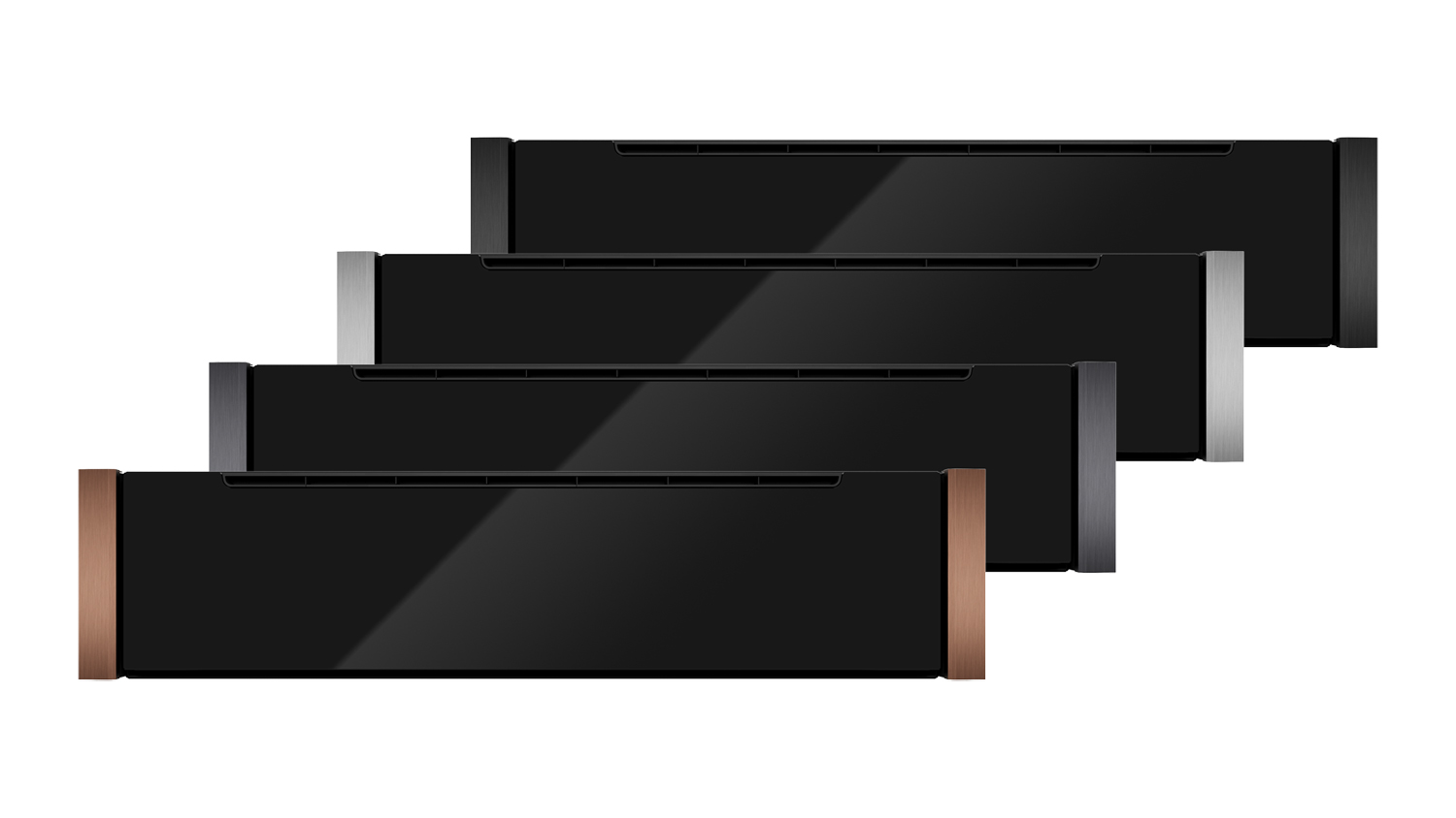 Four Neff N 90 Series 14cm Built-In Steam Drawers displayed in staggered rows with different metallic trim finishes