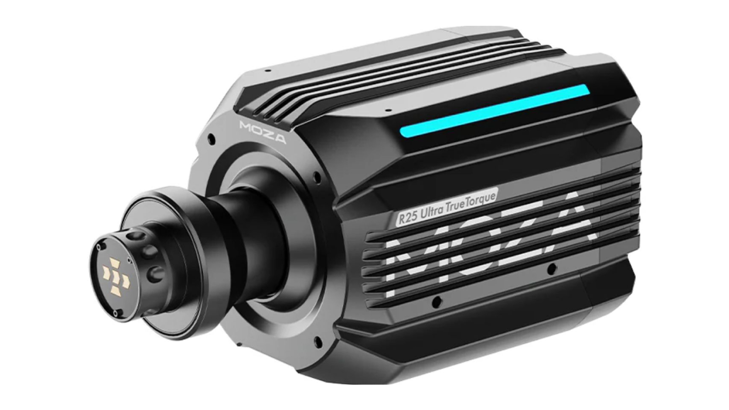 Angled view of a black MOZA Racing R25 Ultra True Torque Direct Drive Wheel Base with cooling fins and a blue LED light strip