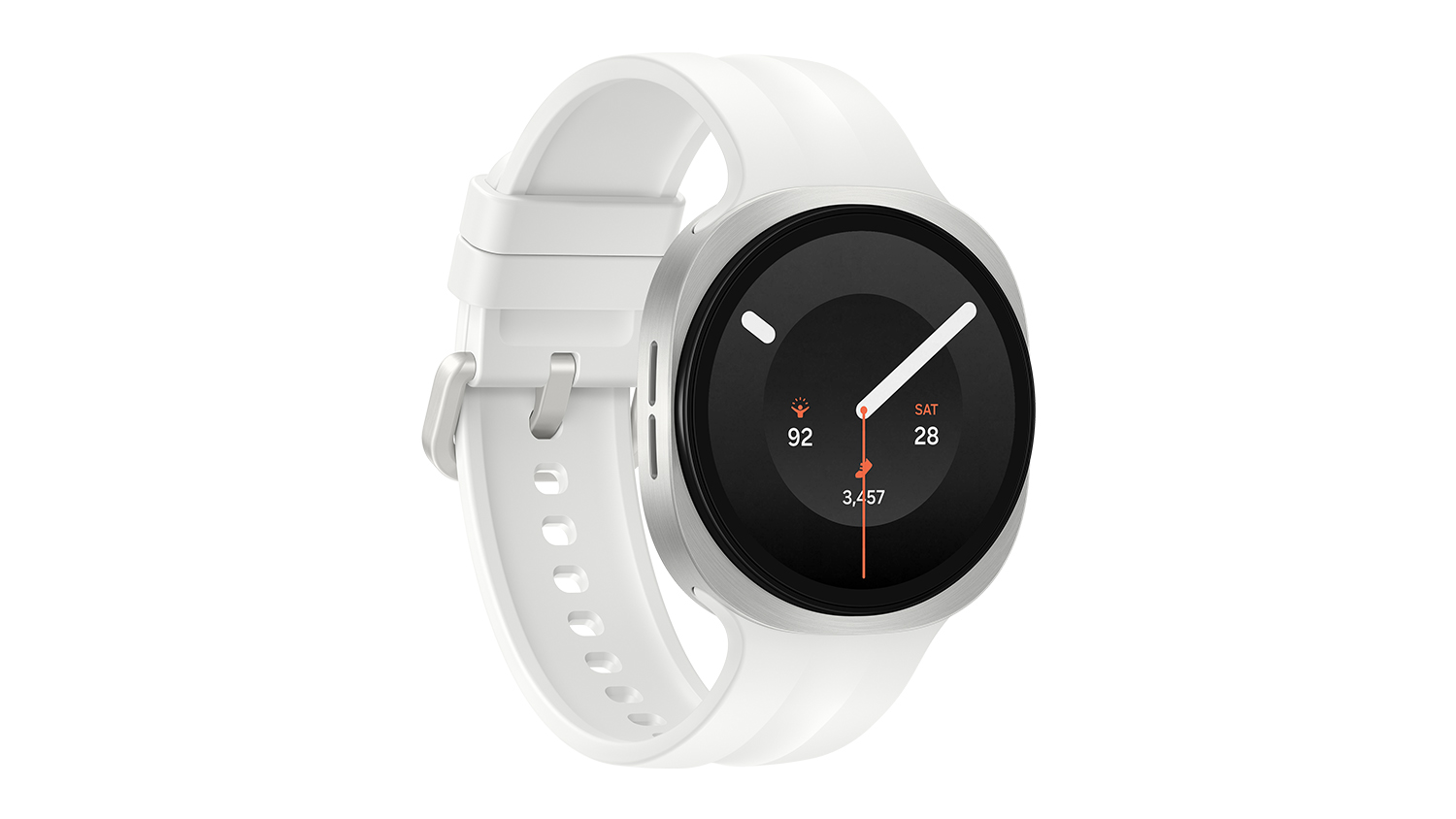 Samsung Galaxy Watch9 shown from an angled view, featuring a cream case and minimalist silicon band