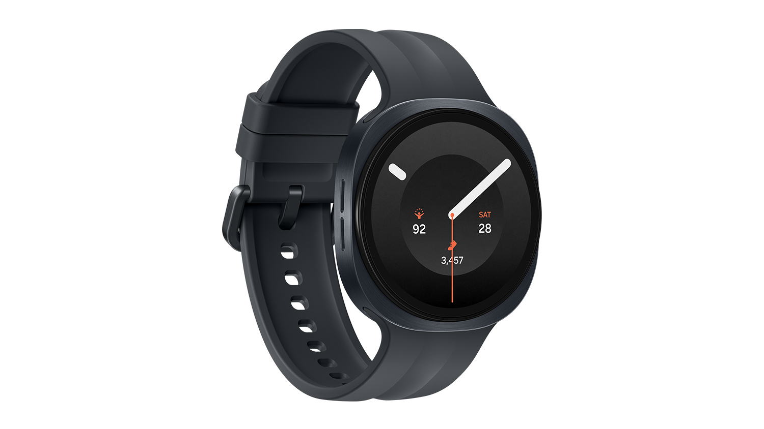 Samsung Galaxy Watch9 shown from an angled view, featuring a graphite case and minimalist silicon band