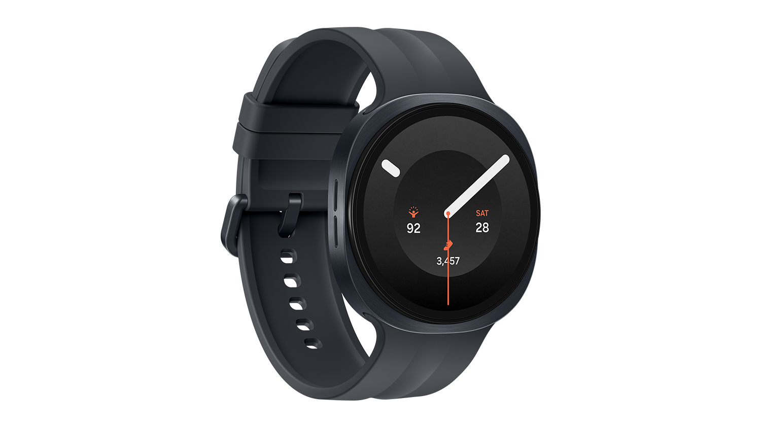 Samsung Galaxy Watch9 shown from an angled view, featuring a graphite case and minimalist silicon band