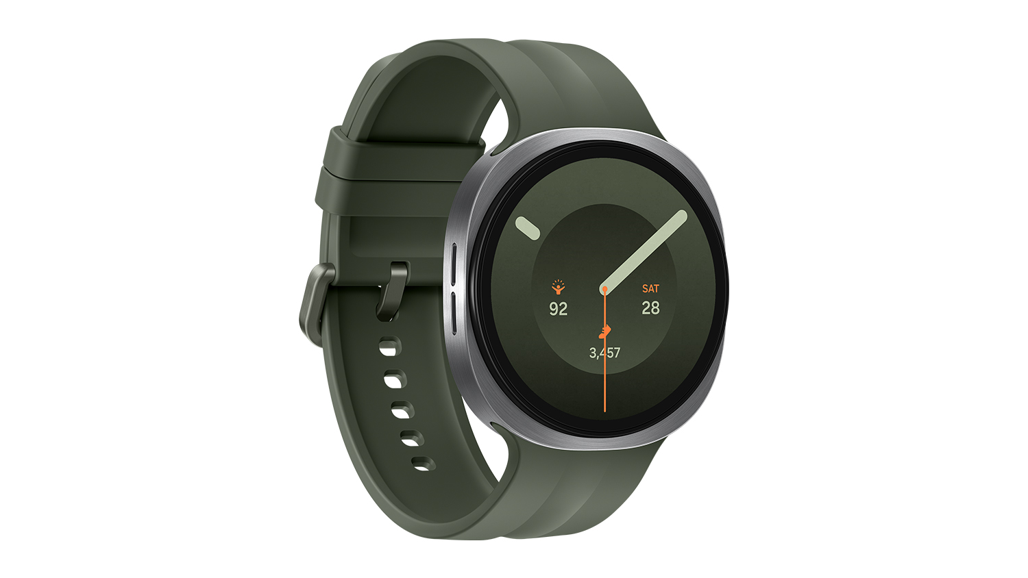 Samsung Galaxy Watch9 shown from an angled view, featuring a silver case and minimalist silicon band