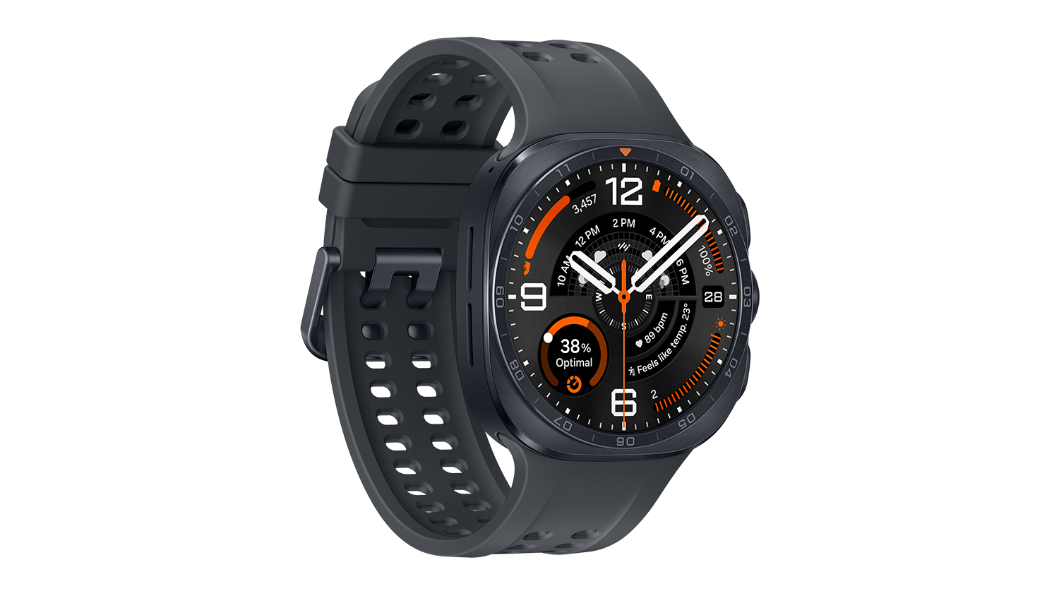 Front angled view of the Samsung Galaxy Watch Ultra2, showing its titanium grey case and silicon band