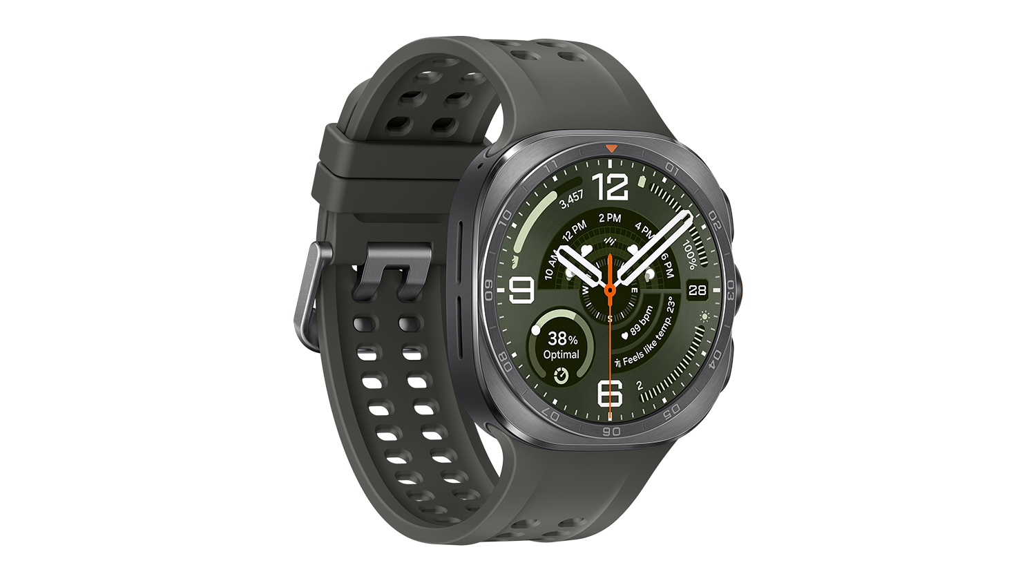 Front angled view of the Samsung Galaxy Watch Ultra2, showing its titanium silver case and silicon band