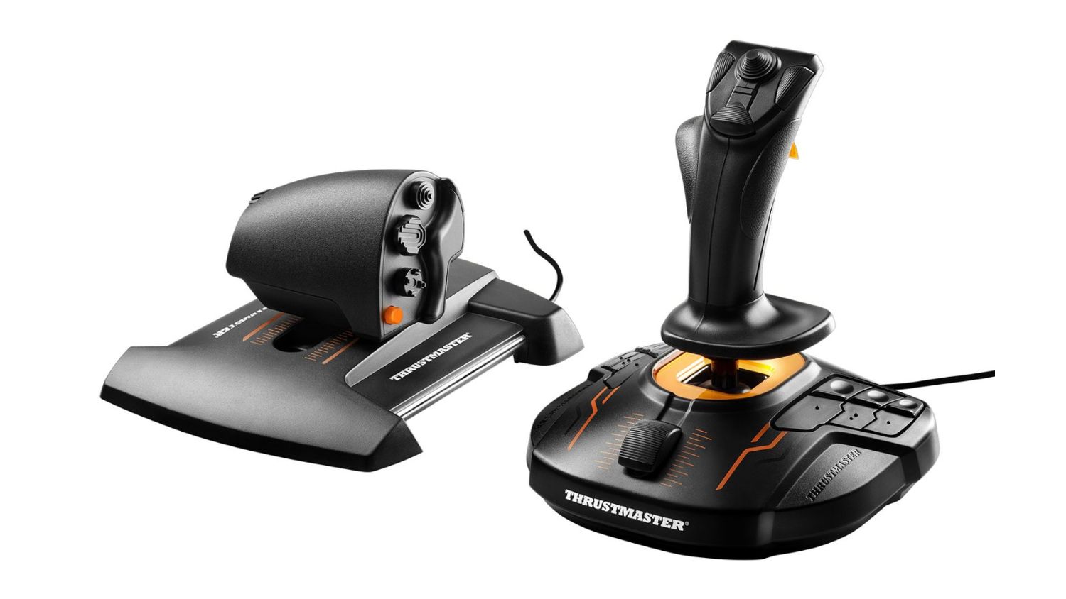 A side-by-side angle of the Thrustmaster black and orange gaming flight stick and throttle controller set