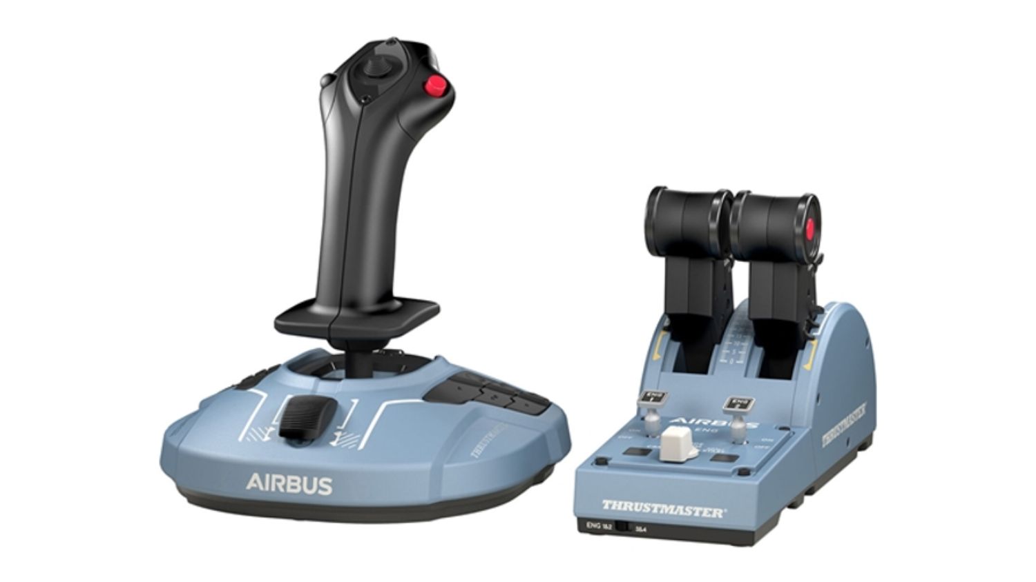 Thrustmaster Airbus edition flight stick and dual throttle quadrant set in a matching light blue and black colour scheme