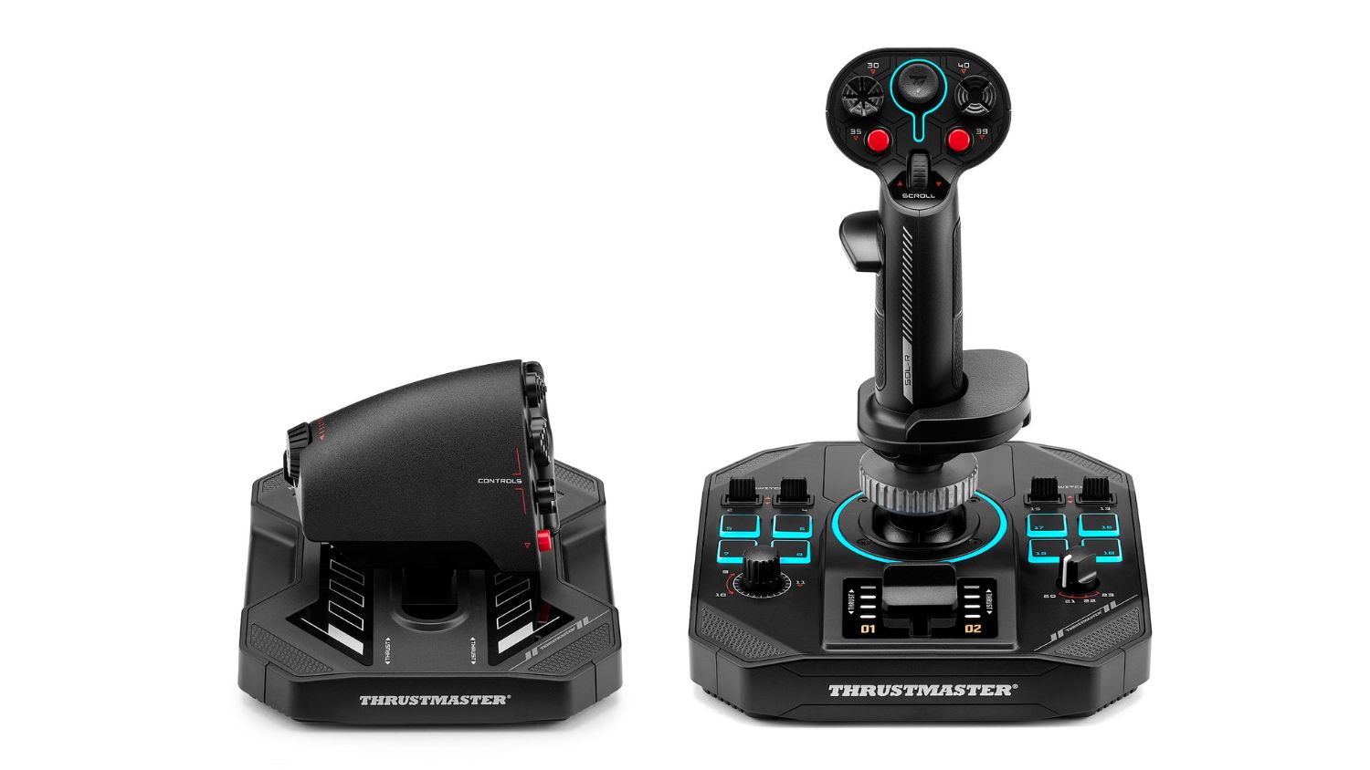 Thrustmaster gaming flight stick and throttle set with blue illuminated accent rings and multiple control buttons