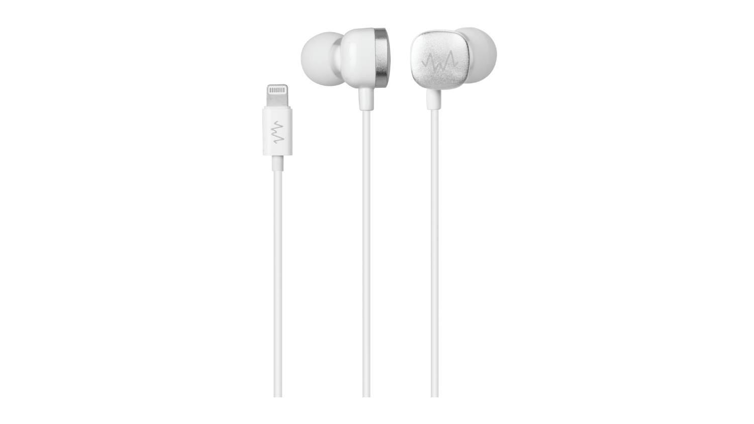 White in-ear wired earphones with silicone tips and a Lightning connector, shown hanging vertically