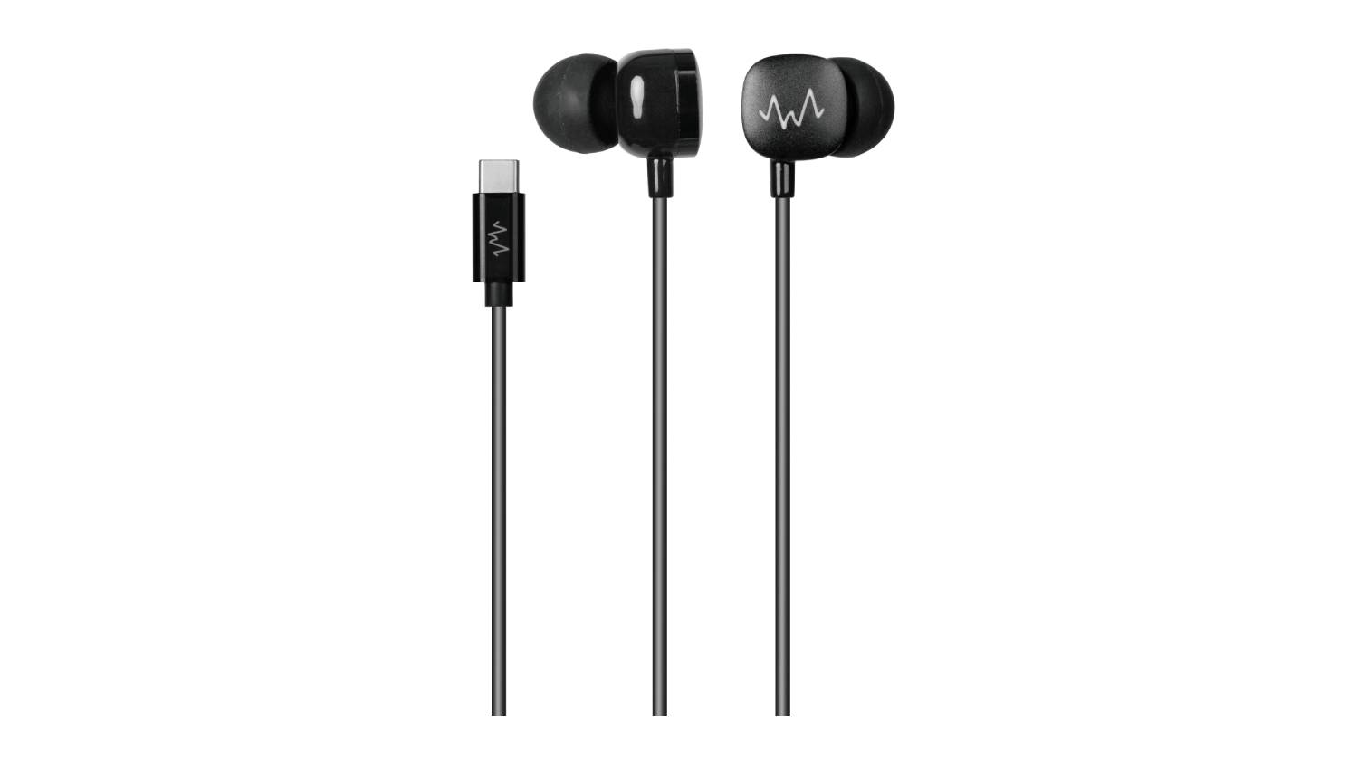 Black in-ear wired earphones with silicone tips and a USB-C connector, shown hanging vertically