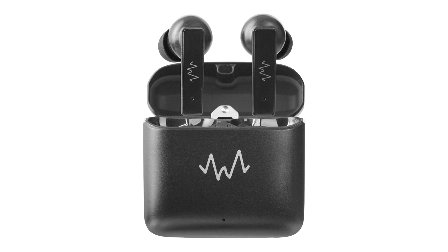 Front view of black Wave Audio true wireless earbuds standing in an open charging case